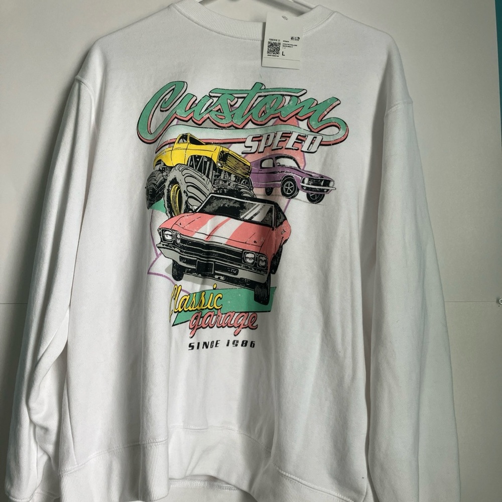 Forever 21 Custom Speed White Graphic Crewneck Sweater
